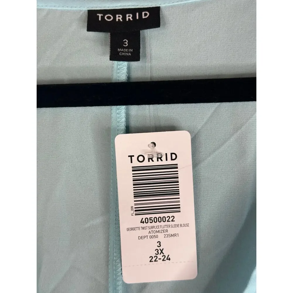 NWT Torrid Blue Georgette Twist Surplice Flutter Sleeve V Neck Blouse Size 3(3X)